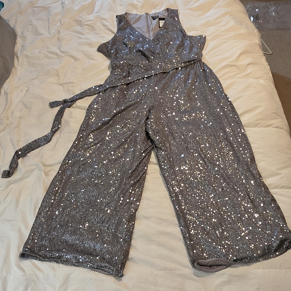 City Chic Gunmetal Silver Sequin Jumpsuit Size 24
